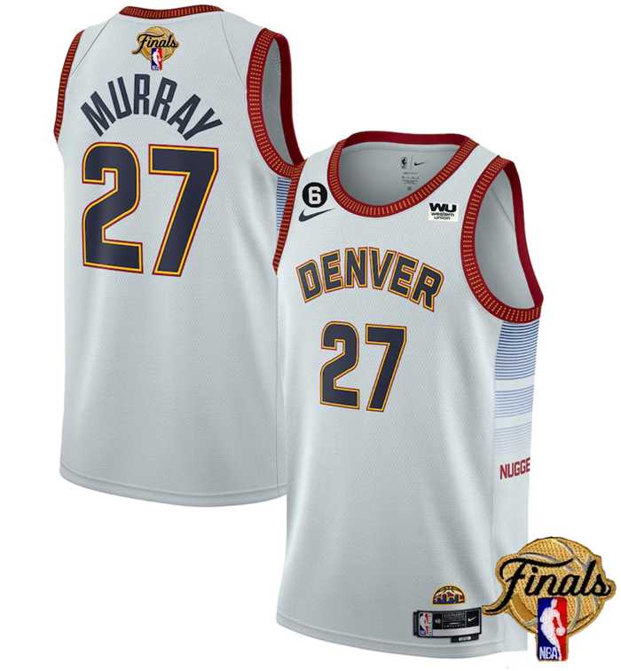 Mens Denver Nuggets #27 Jamal Murray Silver 2023 Finals Icon Edition With NO.6 Patch Stitched Basketball Jersey Dzhi